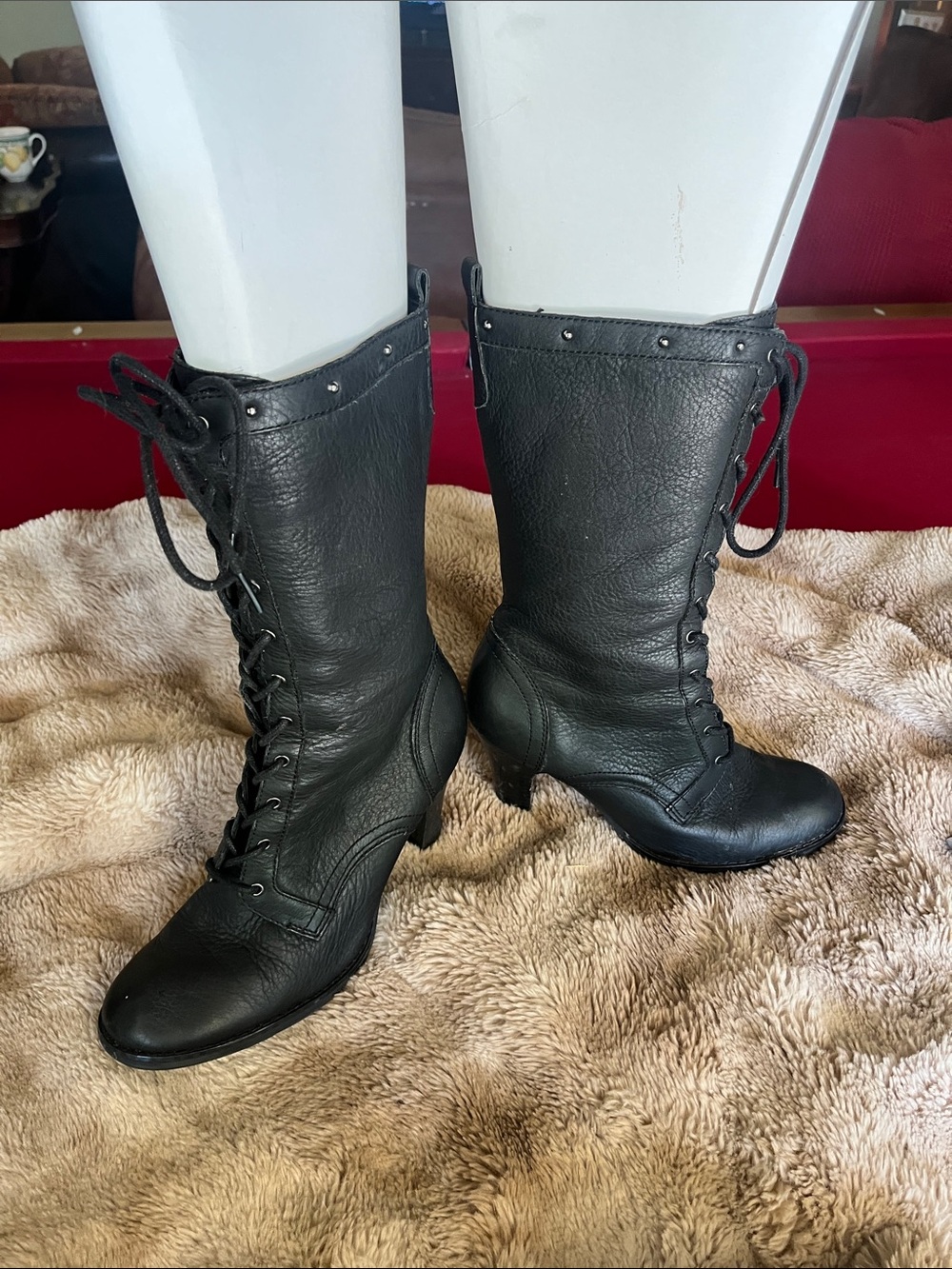Bass Black Lace-Up Mid-Calf Heeled Boots with Stud Trim